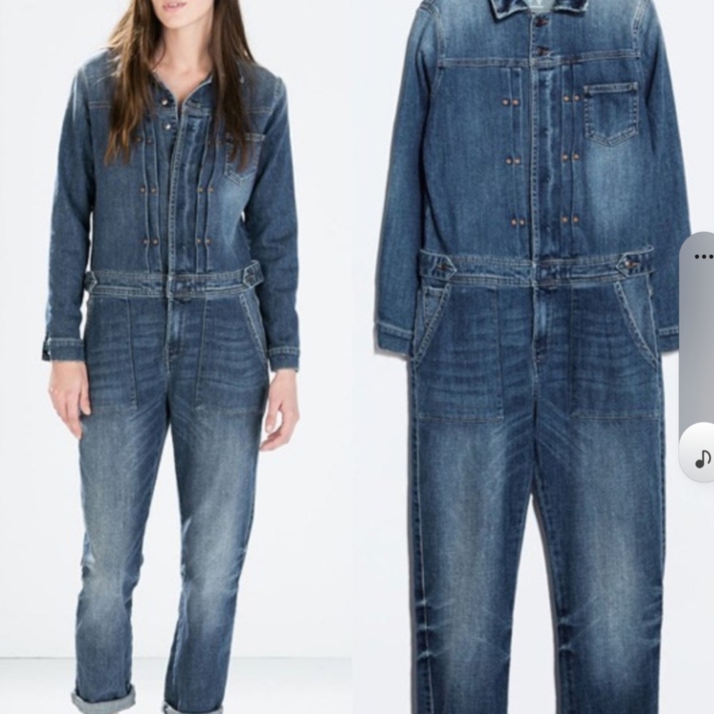 Zara Basic Denim Long Sleeve Jumpsuit